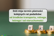 złote monety leżą na trzech stosach, na środku grafiki napis dziś mija termin płatności kolejnych rat podatków
