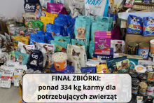 karma dla zwięrząt poukładana w stos na dole zdjęcia napis na białym tle: finałzbiórki: ponad 334 kg karmy dla potrzebujących zwierząt