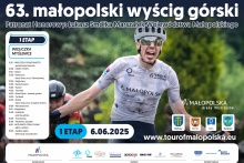u góry grafiki na ciemnym tle dużą czcionką napis 63. małopolski wyścig górski, z lwej strony ropisana trasa pierwszego etapu  wyścigu pośrodku uśmięchnięty kolarz 