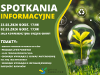 Plakat informujący o spotkaniach informacyjnych organizowanych przez Gminę Dobczyce. Na zielonym tle widnieje duży napis „SPOTKANIA INFORMACYJNE”. Podane daty: 23.02.2026 godz. 17:00 oraz 02.03.2026 godz. 17:00, miejsce: sala konferencyjna Urzędu Gminy. Wymienione tematy obejmują: gminny program wymiany kotłów, program „Czyste Powietrze”, ulgę termomodernizacyjną, obowiązki wynikające z uchwały antysmogowej dla woj. małopolskiego oraz obowiązki wynikające z Centralnej Ewidencji Emisyjności Budynków. Po praw