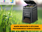 przydomowy kompostownik stoi na trawie u góry grafiki logo małopolski i dobczyc na dole napis nabór wniosków o użyczenie przydomowego kimpostownika