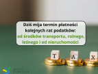 złote monety leżą na trzech stosach, na środku grafiki napis dziś mija termin płatności kolejnych rat podatków