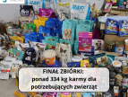 karma dla zwięrząt poukładana w stos na dole zdjęcia napis na białym tle: finałzbiórki: ponad 334 kg karmy dla potrzebujących zwierząt