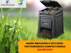 przydomowy kompostownik stoi na trawie u góry grafiki logo małopolski i dobczyc na dole napis nabór wniosków o użyczenie przydomowego kimpostownika zakończony