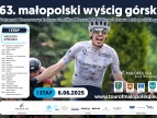 u góry grafiki na ciemnym tle dużą czcionką napis 63. małopolski wyścig górski, z lwej strony ropisana trasa pierwszego etapu  wyścigu pośrodku uśmięchnięty kolarz 