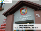 fasada urzędu z herbem pzredstawiającym głowę Jana Chrzciciela oraz napis 24.09.2025 r. kasa urzędu czynna do 12:00