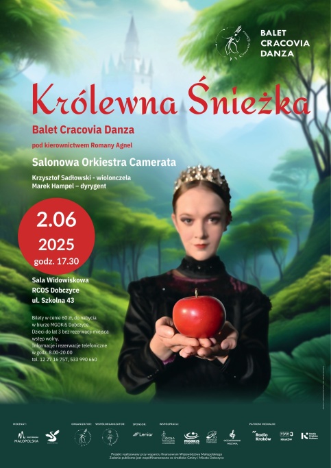 Plakat przedstawiający królewnę trzymającą w dłoniach jabłko, oraz tancerzy w tle.
