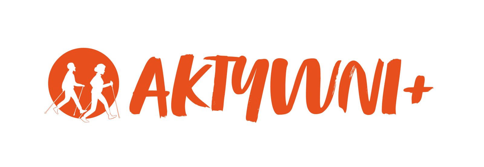 logo projektu w formie pomarańczowego napisu AKTYWNI + oraz para nordic walking w okręgu