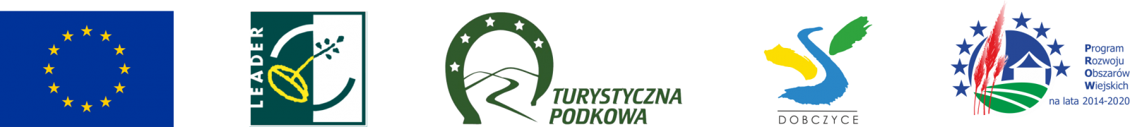 pasek z logotypami, od lewej: symbol Unii Europejskiej, Programu Leader, logo Turystycznej Podkowy, logo Gminy Dobczyce oraz logo Programu Rozwoju Obszarów Wiejskich na lata 2014-2020