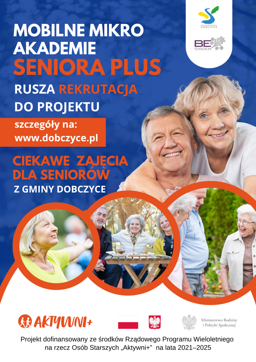 plakat z seniorami widocznymi w różnych aktywnościach, nazwa projektu i napis: rusza rekrutacja