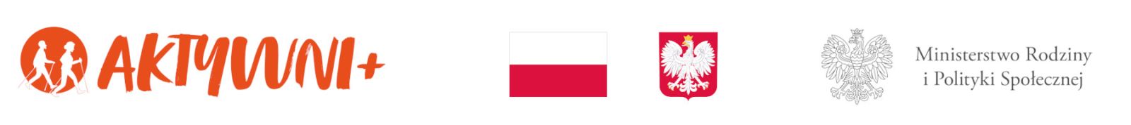 zestaw logotypów składający się z napisu pomarańczowego aktywni + oraz flagi i godła RP, a także orła i napisu Ministerstwo Rodziny i Polityki Społecznej
