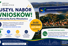 Rusza nabór wniosków o Dobczycką Kartę Mieszkańca Grafika promująca rozpoczęcie naboru wniosków o Dobczycką Kartę Mieszkańca. Po lewej stronie znajduje się logo Gminy Dobczyce oraz duży nagłówek „Ruszył nabór wniosków! o Dobczycką Kartę Mieszkańca”. Poniżej zamieszczono informację, że z programu mogą skorzystać mieszkańcy Gminy Dobczyce rozliczający podatek PIT ze wskazaniem gminy jako miejsca zamieszkania. W centralnej części grafiki znajduje się żółte koło z napisem „Złóż wniosek już dziś!”. Po prawej stronie widoczna jest Dobczycka Karta Mieszkańca na t