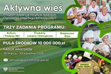 Plakat programu „Aktywna wieś” informujący o otwartym konkursie ofert wspierającym inicjatywy lokalne. Wymieniono trzy obszary wsparcia: kultura i tradycja wsi, produkty lokalne i ekologiczne oraz bezpieczna wieś. Podano pulę środków 10 000 000 zł oraz termin naboru wniosków od 30 marca do 30 kwietnia 2026. Na grafice widoczne są zdjęcia: grupa starszych kobiet w strojach ludowych, dzieci gotujące w kuchni oraz strażacy ochotniczej straży pożarnej. W dolnej części znajduje się adres e-mail: aktywnawies@minr