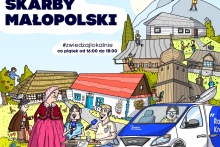Plakat przedstawia wakacyjne skarby małopolski-na plakacie jest 5 osób, jeden człowiek siedzi w niebieskim samochodzie. W tle plakatu są szaro-brązowe budynki drewniane. W tym jeden dom ma czerwony kolor dachu