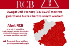 Grafika z informacją o możliwych gwałtownych burzach