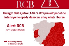 Rządowe Centrum Bezpieczeństwa wydało Alert grafika przedsatwai mapę Polski z zaznaczonymi na czerwono województwami dla których obowiązuje alert. Powyżej mapy na czerwonym tle biały duży napis RCB i wykrzyknik