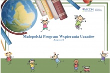dzieci, książki i napis: Małopolski Program Wspierania Uczniów