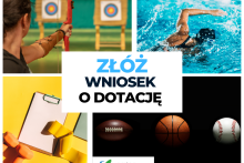 na środku grafiki na białym tle napis złóż wniosek o dotację wokół kwadraty z grafikami różnych aktywności sportowych