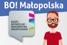 Plakat z grafiką mężczyny i napisaem : Budżet Obywatelski Województwa Małopolskiego