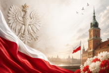 Ilustracja przedstawiająca symbole Polski: biało-czerwoną flagę na pierwszym planie, stylizowanego białego orła w koronie oraz wieżę Zamku Królewskiego w Warszawie z flagą Polski. W tle widoczna panorama miasta nad rzeką, lecące ptaki i biało-czerwone kwiaty.
