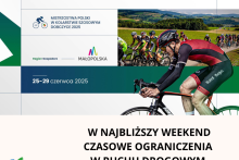 grafika zawiera jadącego kolarza, w tle kolarze na szosie, na dole napis w najbliższy weekend czasowe ograniczenia w ruchu drogowym 
