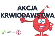 Napis: akcja krwiodawstwa, grafika kropelki oraz logo gminy i regionalnego centrum krwiodawstwa