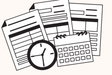 grafika przedstawiająca dokumenty, zegar i kalkulator 