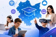 Grafika promująca edukację cyfrową w Małopolsce – dzieci korzystają z laptopa, tabletu i gogli VR, nauczycielka trzyma tablet, w tle mapa regionu z symbolem edukacji i ikonami technologii.