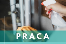 na zdjęciu ręka z płynem do mycia okien, szmatka, u dołu napis PRACA