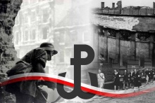 Kolaż z czasów Powstania Warszawskiego: żołnierz, ruiny miasta, cywile oraz symbol Polski Walczącej z biało-czerwoną wstęgą.