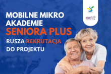  Mobilne Mikro Akademie Seniora Plus - rusza rekrutacja do projektu oraz para uśmiechniętych seniorów w uścisku