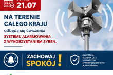 Grafika informacyjna Gminy Dobczyce dotycząca ogólnopolskich ćwiczeń systemu alarmowania. W lewym górnym rogu znajduje się czerwone pole z datą „Jutro 21.07”. Poniżej napis: „Na terenie całego kraju odbędą się ćwiczenia systemu alarmowania z wykorzystaniem syren”. Po prawej stronie widoczna jest syrena alarmowa na tle błękitnego nieba z zaznaczonymi falami dźwiękowymi. W dolnej części grafiki znajduje się hasło „Zachowaj spokój!” oraz informacja, że ćwiczenia mają na celu sprawdzenie sprawności systemu alar