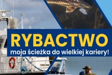  Rybactwo – moja ścieżka do wielkiej kariery, plakat w tle łódka, ryby i rybak 