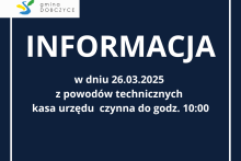 napis białe litery na granatowym tle: Informacja w dniu 26.03.2025 z powodów technicznych kasa urzędu czynna do godz. 10:00