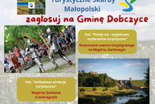U góry po lewe stronie logo konkursy, po prawej logo Gminy Dobczyce pośrodku nich napis Turystyczne Skarby Małopolski poniżej dwa zdjęcia jedno walczących rycerzy drugi wzgórza zamkowego w tle raby i tamy oraz wyjaśnienie w jakich kategoriach konkursu Gmina Dobczyce została nominowana