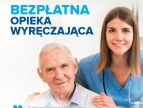 grafika przedstawiająca seniora oraz opiekunkę medyczną i napis: bezpłatna opieka wyręczająca