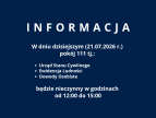 Grafika informacyjna z granatowym tłem i białym napisem „INFORMACJA”. Treść informuje, że w dniu 21 lipca 2026 r. pokój 111, obejmujący Urząd Stanu Cywilnego, Ewidencję Ludności oraz Dowody Osobiste, będzie nieczynny w godzinach od 12:00 do 15:00.