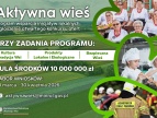 Plakat programu „Aktywna wieś” informujący o otwartym konkursie ofert wspierającym inicjatywy lokalne. Wymieniono trzy obszary wsparcia: kultura i tradycja wsi, produkty lokalne i ekologiczne oraz bezpieczna wieś. Podano pulę środków 10 000 000 zł oraz termin naboru wniosków od 30 marca do 30 kwietnia 2026. Na grafice widoczne są zdjęcia: grupa starszych kobiet w strojach ludowych, dzieci gotujące w kuchni oraz strażacy ochotniczej straży pożarnej. W dolnej części znajduje się adres e-mail: aktywnawies@minr