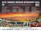 Plakat promujący XVII edycję akcji „Odkryj Beskid Wyspowy 2026”. W górnej części znajduje się duży biały napis z tytułem wydarzenia oraz harmonogram wycieczek górskich i imprez odbywających się od maja do września 2026 roku. Tłem jest panoramiczny widok na Beskid Wyspowy o zachodzie słońca. W dolnej części umieszczono pas zdjęć przedstawiających uczestników wydarzeń, rodzinne aktywności, piesze wędrówki, muzyków ludowych oraz postać w historycznym stroju. Na samym dole znajdują się adres strony internetowej
