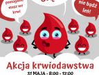 krople krwi i napis akcja krwiodawstwa