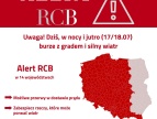 Grafika z czerwonym nagłówkiem „ALERT RCB” i symbolem ostrzegawczym. Komunikat informuje o burzach z gradem i silnym wiatrem dziś, w nocy i jutro (17–18 lipca). Zaznaczono, że alert obowiązuje w 14 województwach. Na grafice znajduje się mapa Polski z większością kraju oznaczoną na czerwono oraz informacje o możliwych przerwach w dostawie prądu i zaleceniu zabezpieczenia przedmiotów, które może porwać wiatr.