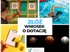 na środku grafiki na białym tle napis złóż wniosek o dotację wokół kwadraty z grafikami różnych aktywności sportowych