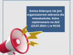 z lewej dolnej strony megafon, po prawej górnej na niebieskim prostokącie biały napis Gmina Dobczyce nie jest organizatorem zebrania dla mieszkańców, które zaplanowano na dziś (23.07.2024 r.) w RCOS