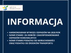 Na granatowym tle pośrodku napis drukowanymi białymi literami: Informacja, a poniżej od punktatorów: Harmonogram wywozu odpadów na rok 2026, nowe stawki za odbiór i zagospodarowanie odpadów komunalnych, nowe stawki podatku od nieruchomości oraz podatku od środków transportuna rok 2026