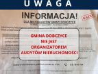 Ważna informacja dotycząca rozprowadzanych ulotek Grafika z napisem „UWAGA”. W tle znajduje się zdjęcie ulotki dotyczącej bezpłatnych audytów nieruchomości. Na pierwszym planie czerwony komunikat: „Gmina Dobczyce nie jest organizatorem audytów nieruchomości”. Grafika informuje mieszkańców, że gmina nie jest organizatorem akcji i apeluje o zachowanie rozwagi.