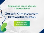 Plakat promujący konkurs " Klimatyczny Człowiek Roku", na którym jest grafika kobiety z pucharem w ręku