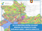 mapa z informacją o Przypominamy! 20 września 2024 r. mija termin składaniu wniosków do projektu Planu ogólnego gminy i miasta Dobczyce, w lewym górnym rogu logotyp gminy Dobczyce