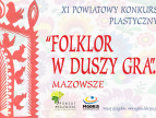 plakat informujący o XI powiatowym konkursie plastycznym po lewej stronie na jasnym tle typowa grafika folklorystyczna w kolorze czerwonym  