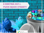 pojemniki na śmieci i napis: 8 kwietnia 2021 r. PSZOK będzie otwarty