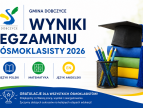 Bardzo dobre wyniki ósmoklasistów z Gminy Dobczyce Grafika informacyjna Gminy Dobczyce dotycząca wyników egzaminu ósmoklasisty 2026. Po lewej stronie znajduje się logo Gminy Dobczyce oraz duży granatowy napis „Wyniki egzaminu ósmoklasisty 2026”. Poniżej umieszczono trzy kolorowe ikony symbolizujące przedmioty egzaminacyjne: język polski, matematykę i język angielski. Po prawej stronie widoczne są książki ułożone w stos, na których leży biret absolwenta, a obok znajduje się kubek z kolorowymi ołówkami. W dolnej części grafiki, na granatowym tle z motywem zie